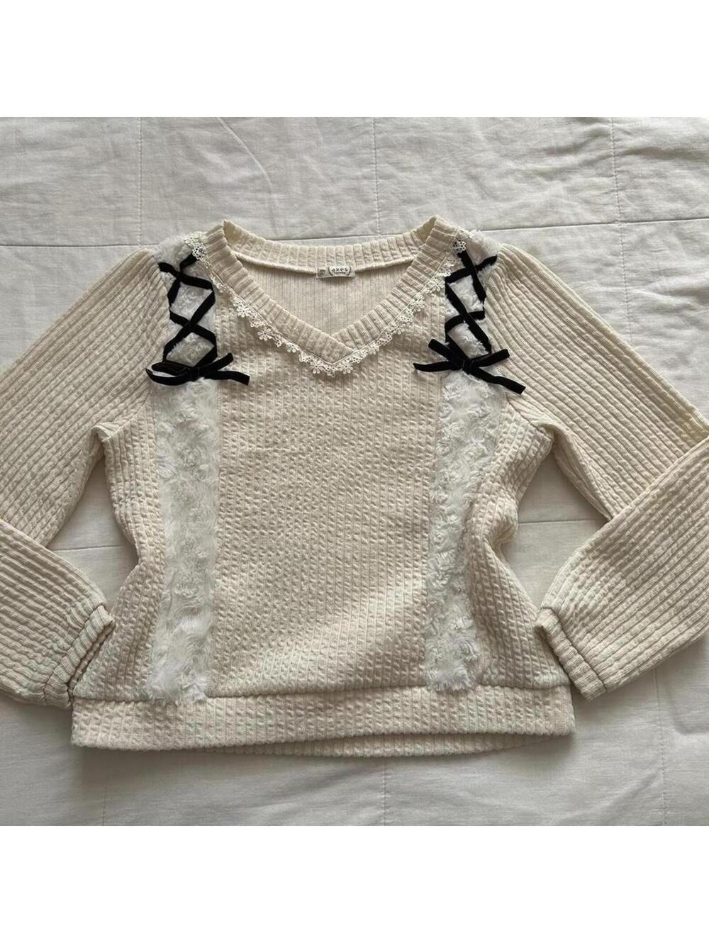 Axes Femme Cream lace up detailing faux fur panel sweater with black ribbon bows
